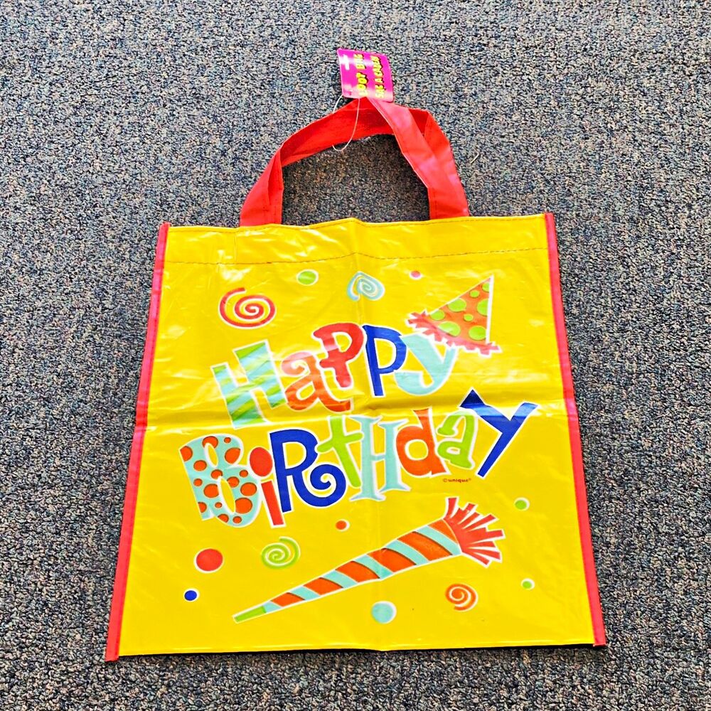 Vintage 80s/90s Unique Happy Birthday Party Bag Yellow w/Red Handles Plastic